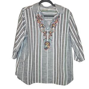 Soft surroundings Brookhaven Aruba Blue Emboridered Striped Blouse sz Large